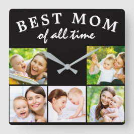 Bästa mamma genom alla tider Foto Collage Svart Fyrkantig Klocka