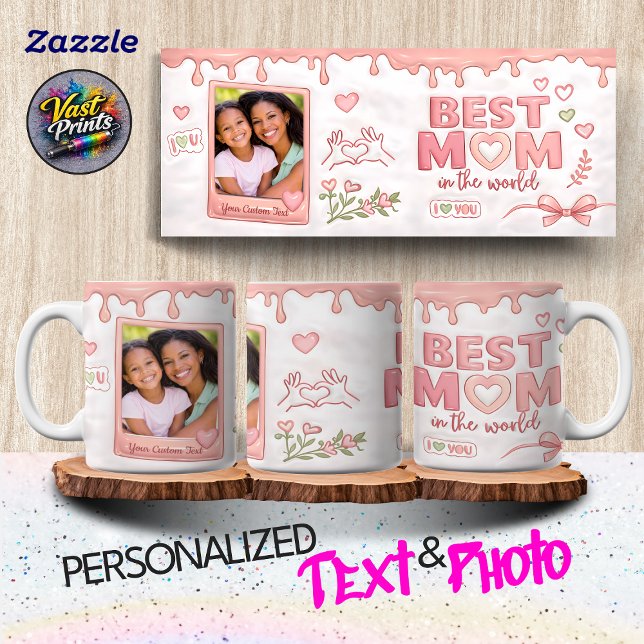 Bästa mamma i världen Rosa anpassad text och foto Kaffemugg (Best Mom in the World Pink Custom Text & Photo Coffee Mug)