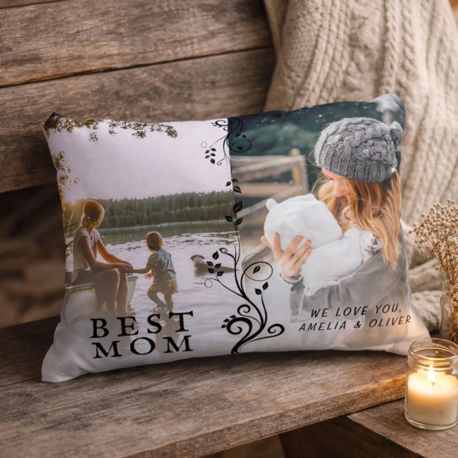 Bästa mamma Modernt lövverk 2 Anpassade foton Mor Prydnadskudde (Skapare uppladdad)