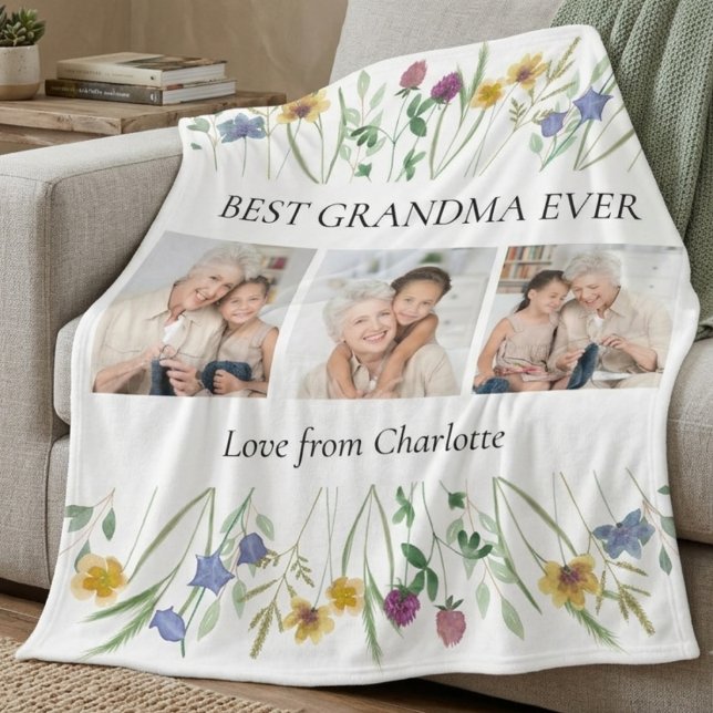 Bästa mamma mormor någonsin Foto Blommig Fleecefilt (Skapare uppladdad)