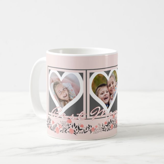 BÄSTA MAMMA NÅGON Blommigt Heart 3 Foton Rosa Gråt Kaffemugg (Framsida vänster)