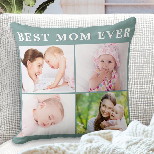 Bästa mamma någonsin 4 Foto Collage Sagegrön Anpas Kudde (A personalized photo pillow for the 'Best Mom Ever', with 4 custom photos, and your own message)
