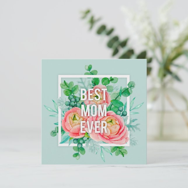 Bästa mamma någonsin Akvarell Blommig Grön & Rosa. Kort (Stående Fram)