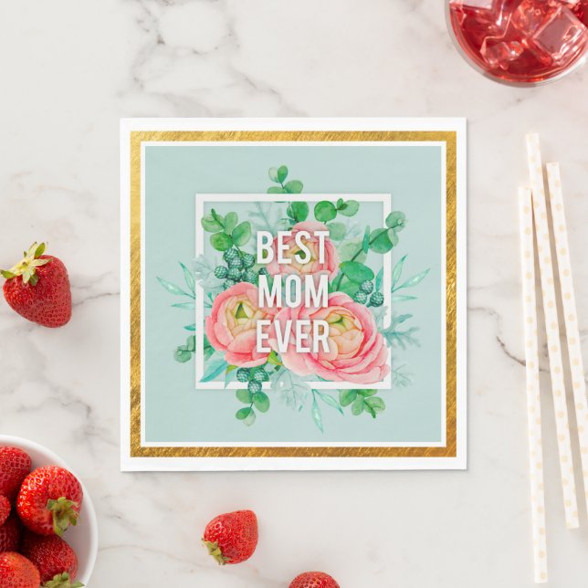 Bästa mamma någonsin Akvarell Blommor Grönt & Guld Pappersservett (Insitu)