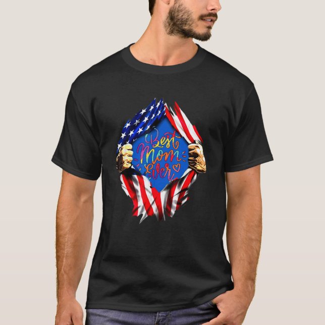 Bästa Mamma någonsin Amerikansk Flagga Mors dag T Shirt (Framsida)