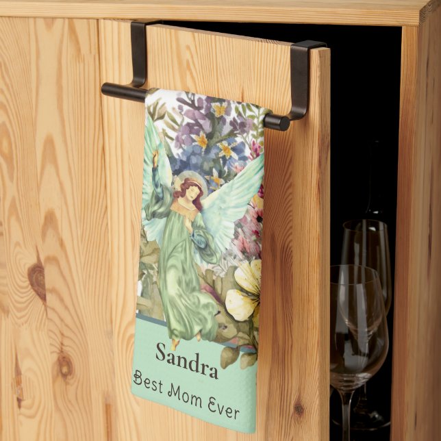 Bästa Mamma någonsin, Angel och blommigt av vilda  Kökshandduk (Thirds Fold)