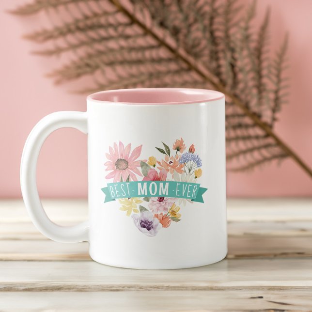 Bästa Mamma någonsin | Blodblommor Heart Photo Två-Tonad Mugg (Best Mom Ever | Blooming Wildflowers Heart Photo Two-Tone Coffee Mug)