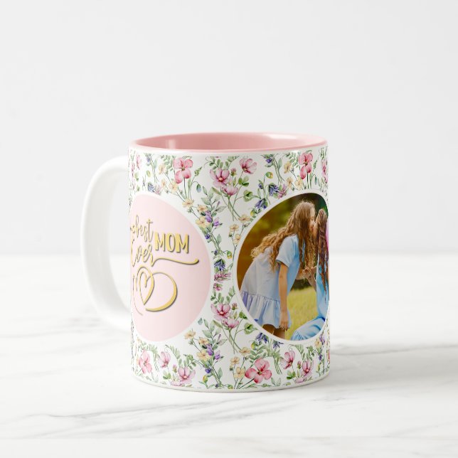 Bästa Mamma någonsin-Blommigten Foto Mors dag Två-Tonad Mugg (Framsida vänster)