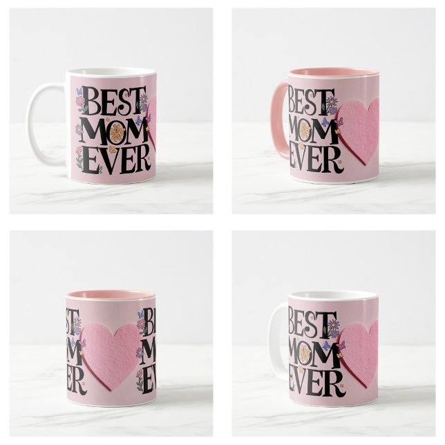 Bästa Mamma någonsin-blommor och Rosa Heart Kaffemugg (Best Mom Ever Flowers And Pink Heart Coffee Mug)