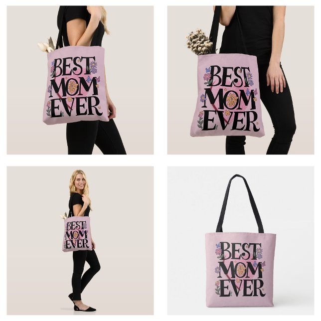 Bästa mamma någonsin blommor och rosa hjärta tygkasse (Best Mom Ever Flowers And Pink Heart Tote Bag)
