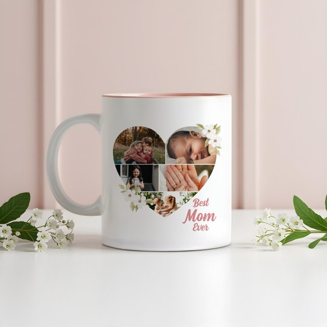Bästa Mamma någonsin-Elegant-Blommigt Heart Photo  Två-Tonad Mugg (Best Mom Ever Elegant Floral Heart Photo Collage Two-Tone Coffee Mug (Front))