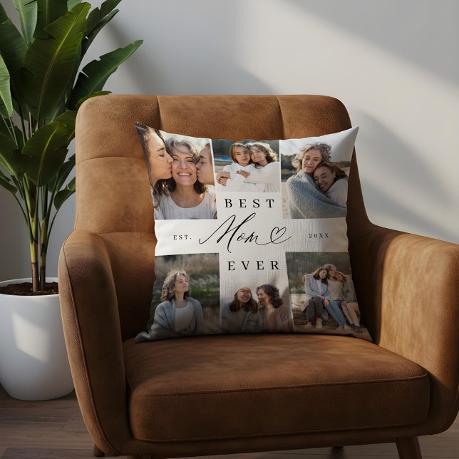 Bästa Mamma någonsin-Elegant-skript Heart Photo Co Kudde (Best Mom Ever Elegant Script Heart Photo Collage Throw Pillow)