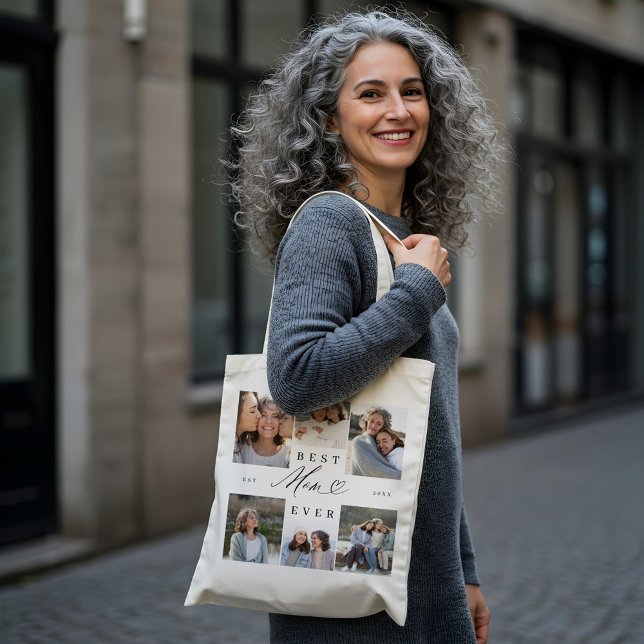 Bästa Mamma någonsin-Elegant-skript Heart Photo Co Tygkasse (Best Mom Ever Elegant Script Heart Photo Collage Tote Bag)
