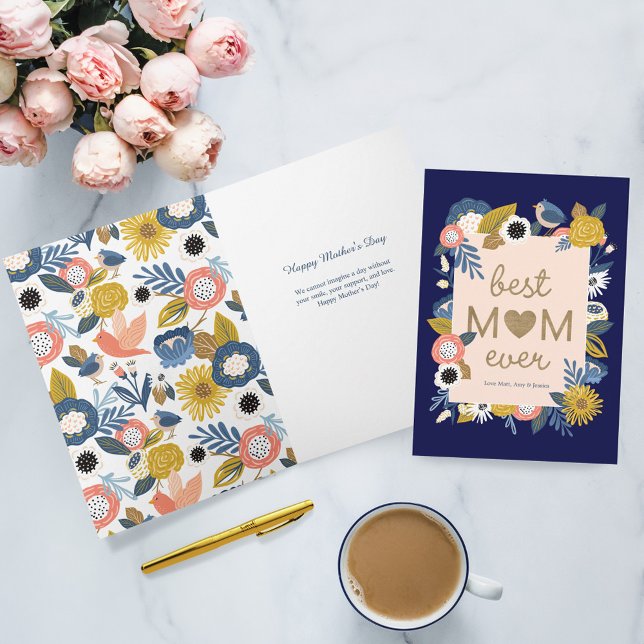 Bästa Mamma någonsin Fåglar och Blommigt Botaniska Kort (Best Mom Ever Birds & Floral Botanical Frame Card)