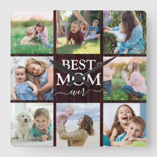 Bästa Mamma någonsin-familjens fotokollage Rustic Fyrkantig Klocka