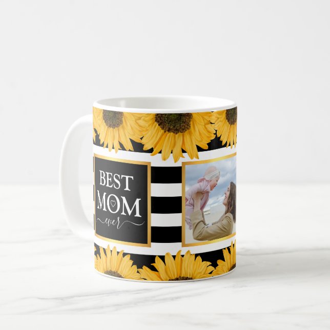 Bästa Mamma någonsin-familjens fotosolrossvart Ran Kaffemugg (Framsida vänster)