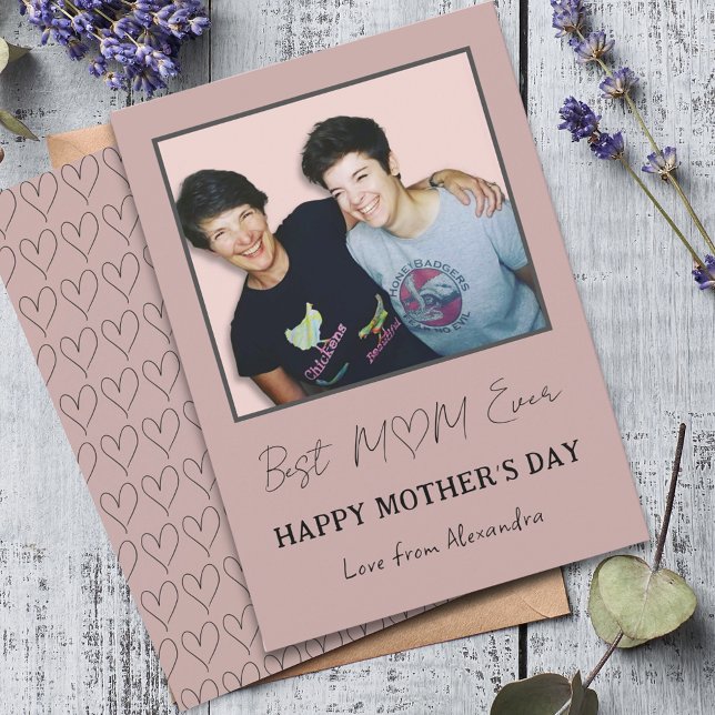 Bästa Mamma någonsin - fotoenkla hjärtan Julkort (Best mom ever photo Mother’s Day card with heart line art pattern)