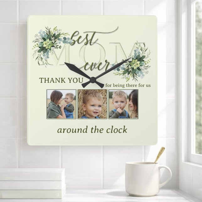 Bästa mamma någonsin grönsaklig fotokollage anpass fyrkantig klocka (Elegant photo wall clock featuring a stylized Mom text with green watercolor leaves - gift for Mom)