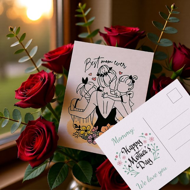 Bästa mamma någonsin mamma, barn/ blommor vykort (Best Mom Ever Floral Mother’s Day Postcard)