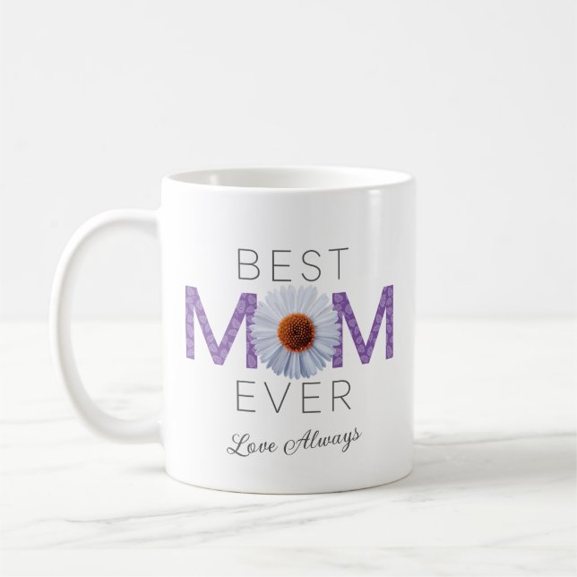 Bästa Mamma någonsin med Daisy-utskrift (Lila V2) Kaffemugg (Vänster)