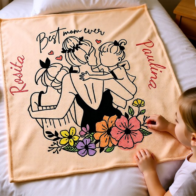 Bästa Mamma någonsin, morsa, barn och blommor, anp Fleecefilt (Best Mom Ever Custom Mother & Children Floral Fleece Blanket)