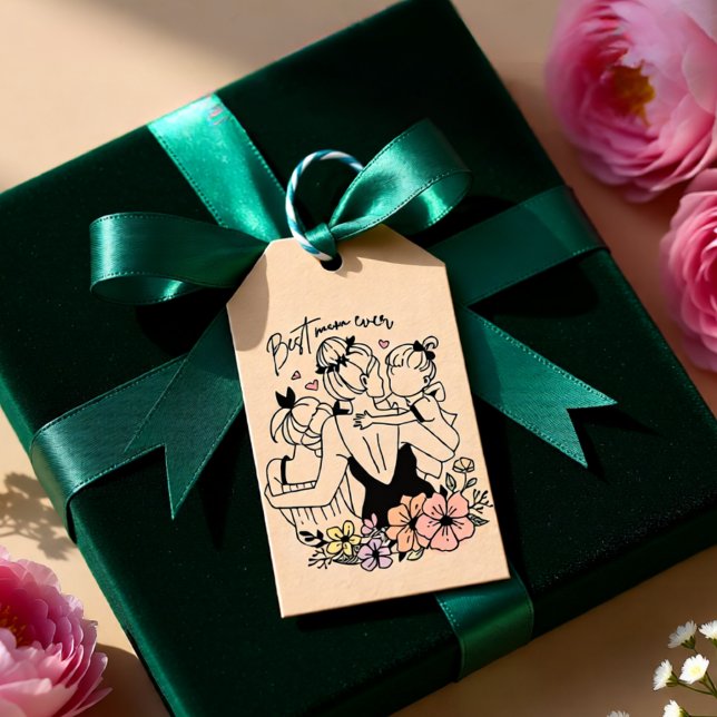 Bästa Mamma någonsin, morsa, barn och blommor, anp Presentetikett (Best Mom Ever Floral Mother and Children Gift Tags)