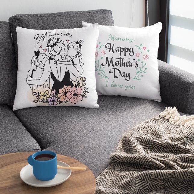 Bästa Mamma någonsin morsa, barn och blommor i anp Kudde (Best Mom ever mum, custom children and flowers Throw Pillow)