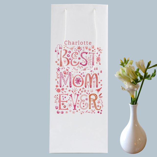 Bästa Mamma någonsin-Personlig (Best Mom Ever watercolor hand lettered personalized name Mothers Day or Mom Birthday wine gift bag)