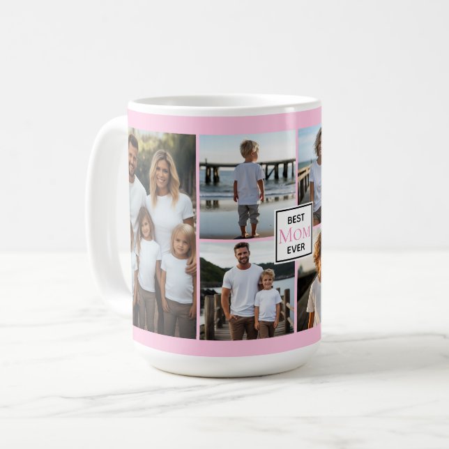 Bästa Mamma någonsin-personlig rosa 6-fotomall Kaffemugg (Framsida vänster)