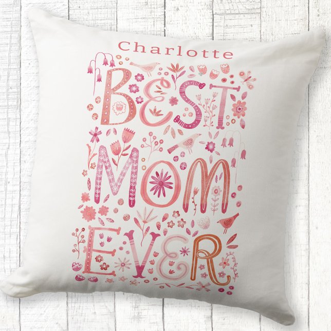 Bästa Mamma någonsin-Personligens vattenfärg Kudde (Personalized name Best Mom Ever hand lettered floral pillow)