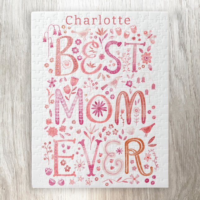 Bästa Mamma någonsin-Personligens vattenfärg Pussel (Best Mom Ever personalized name jigsaw with hand lettered watercolor detail)
