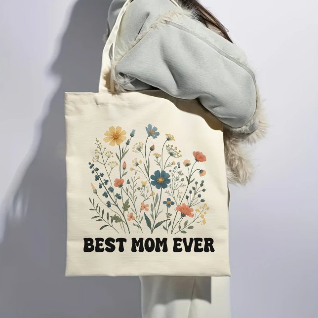 Bästa Mamma någonsin Retro Wildblomma Tote Bag för Tygkasse (best mom ever tote, mom gift tote bag, retro tote bag, wildflowers tote bag, mother’s day tote)