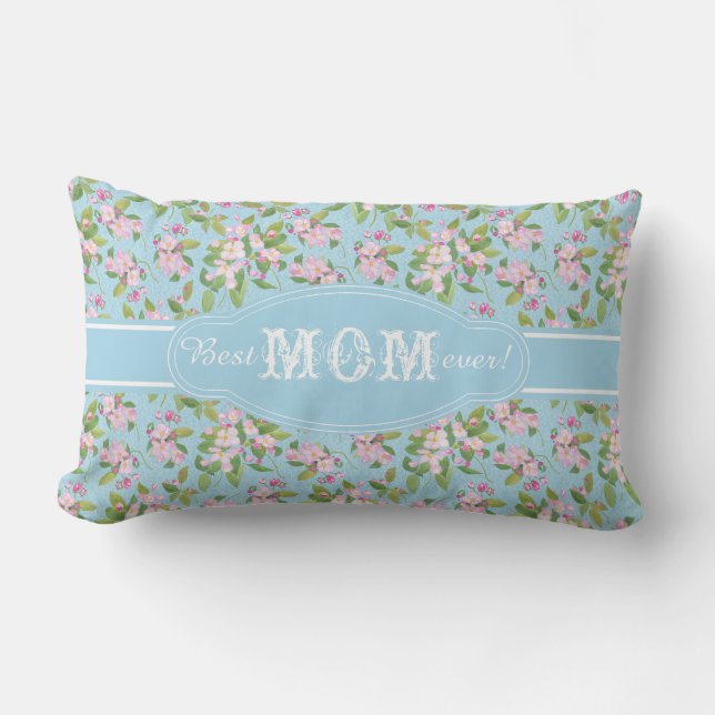 Bästa Mamma någonsin Rosa Apple-Blommar på Blue Mö Lumbarkudde (Framsida)