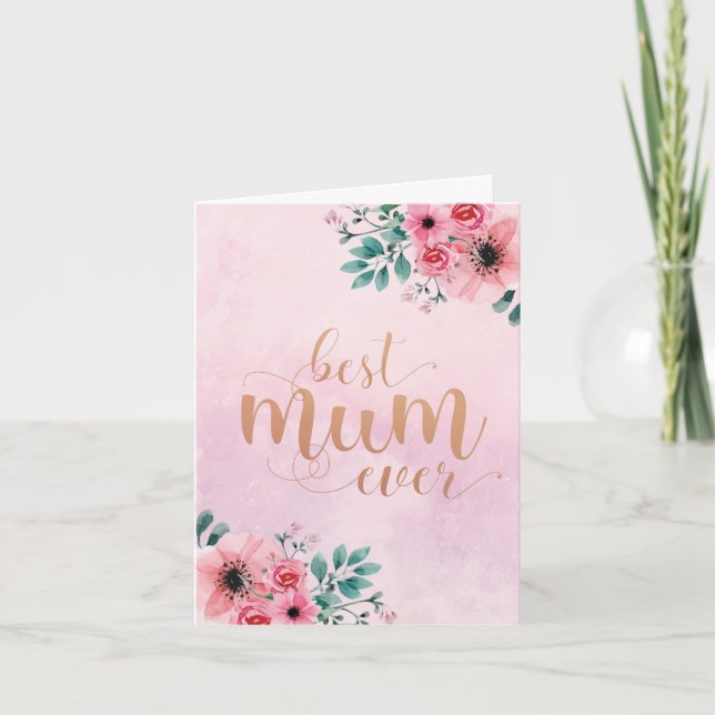 Bästa mamma någonsin Rosa blommig akvarell gratula Kort (Framsida)