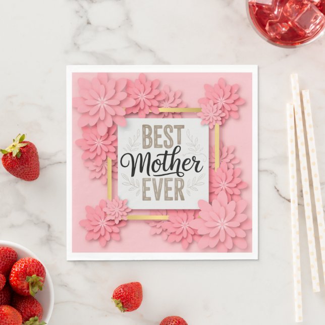 "Bästa mamma någonsin" Rosa blommig mammadagsprese Pappersservett (Insitu)