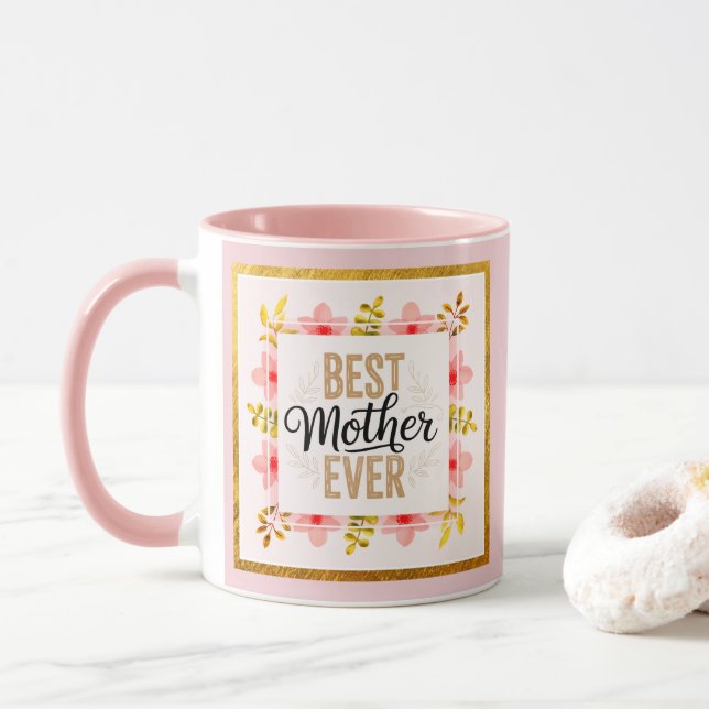 "Bästa mamma någonsin" Rosa blommor I Morsdag pres Mugg (Med munk)
