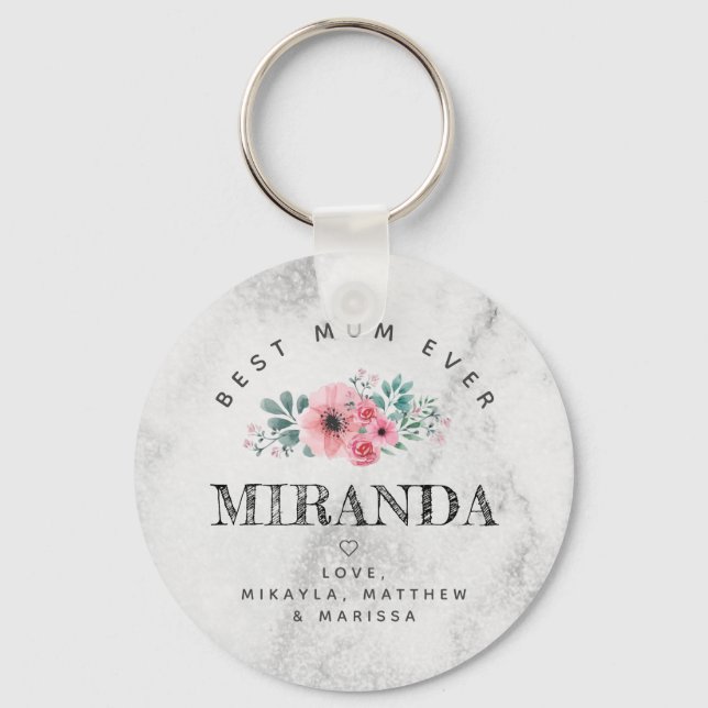 Bästa mamma någonsin rosa blommor marmorbakgrund nyckelring (Framsida)