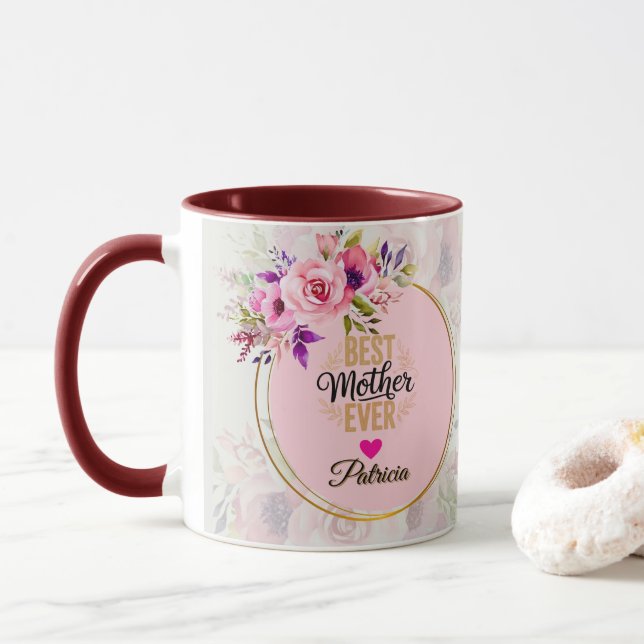 Bästa mamma någonsin - Rosa blomster anpassat namn Mugg (Med munk)