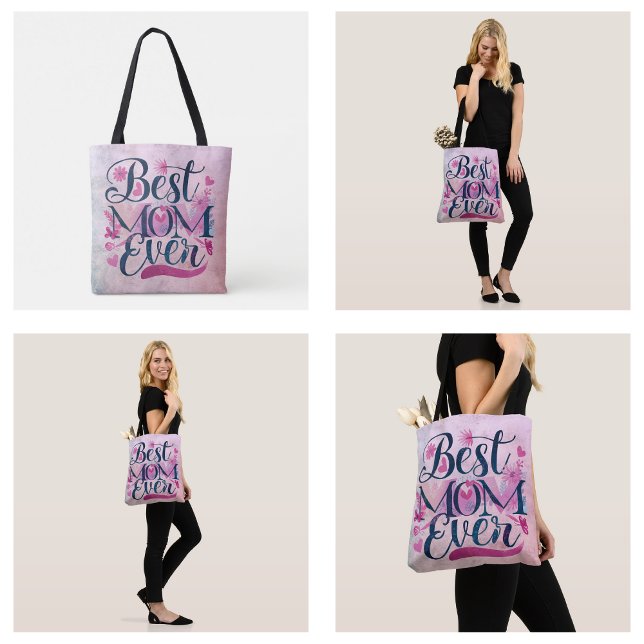 Bästa mamma någonsin Rosa hjärtan fjärilar och blo Tygkasse (Best Mom Ever Pink Hearts Butterflies and Floral Tote Bag)
