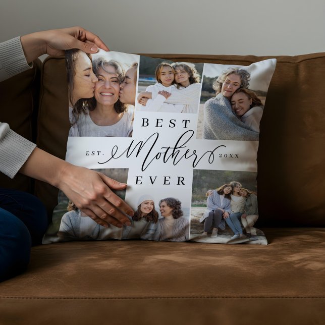 Bästa mamma någonsin Skript Foto Collage Minne Kudde (Best Mother Ever Script Photo Collage Keepsake Throw Pillow)
