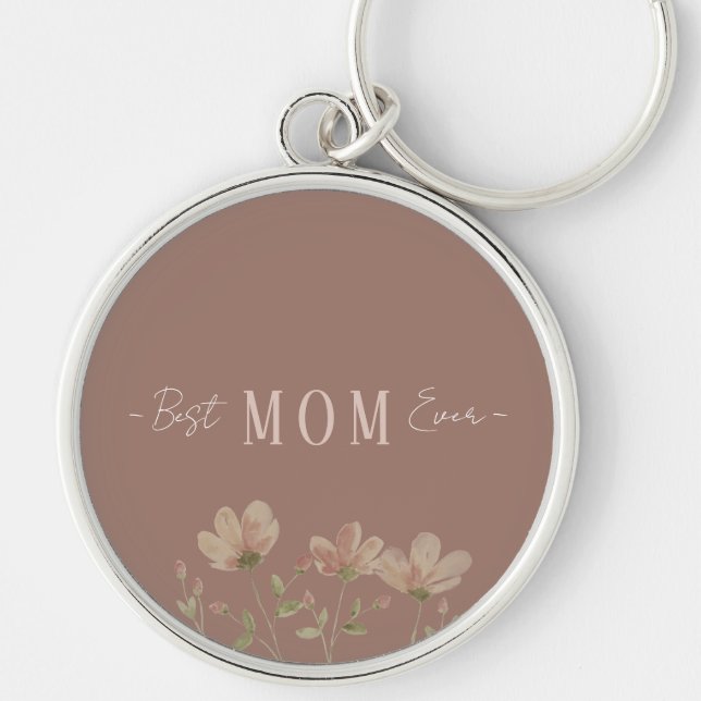 Bästa mamma någonsin, Söt, Minimalistisk, Blommöns Rund Silverfärgad Nyckelring (Framsidan)