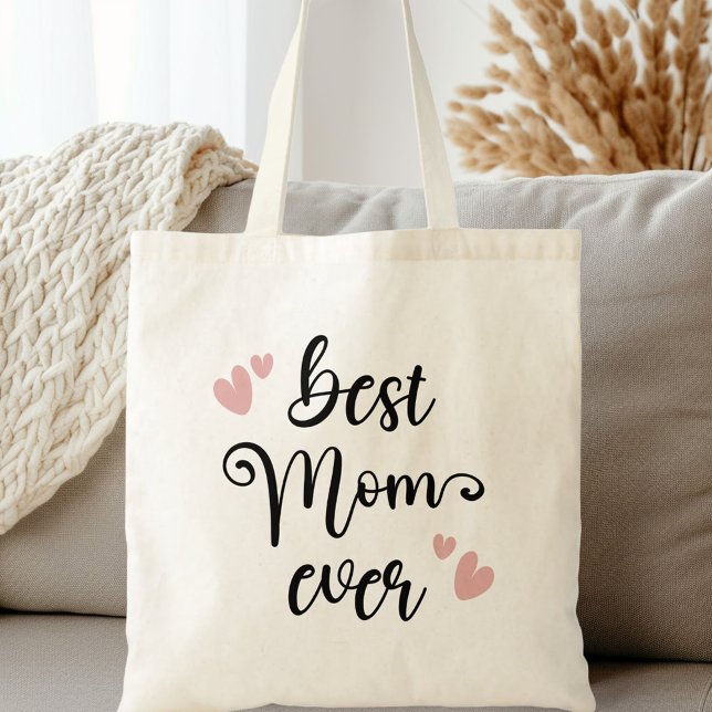 Bästa mamma någonsin söta skript  rosa-hjärtan tygkasse (Best mom ever cute script blush pink hearts tote bag)