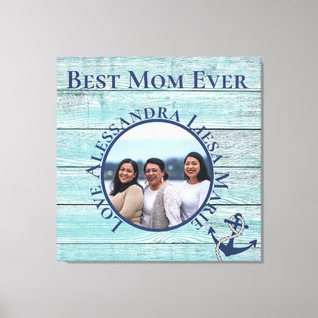 Bästa Mamma någonsin Teal Wood Nautical Navy Ancho Canvastryck (Framsida)