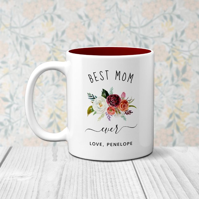 Bästa Mamma någonsin | Trendig Burgundy Boho Blomm Två-Tonad Mugg (Skapare uppladdad)