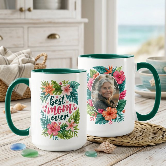Bästa mamma någonsin Tropisk blomster Mors dag Fot Mugg (Best Mom Ever Tropical Floral Mother’s Day Photo Mug)