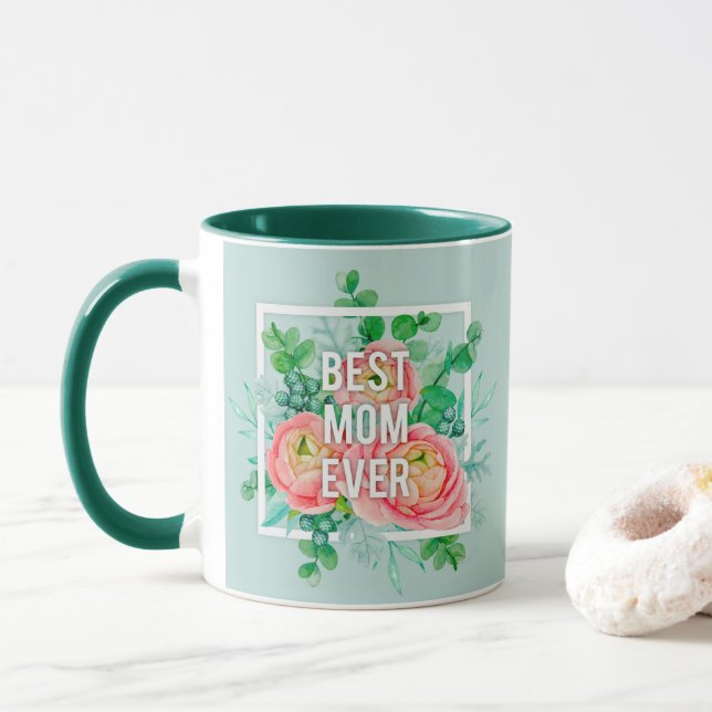 Bästa mamma någonsin Vattenfärg Blommig Grön & Gul Mugg (Med munk)