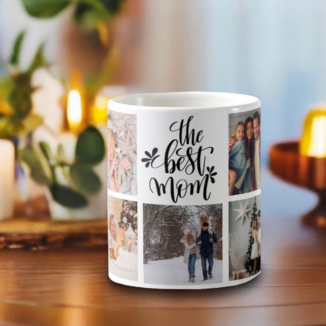 Bästa Mamma Photo Collage Modern Typografi Kaffemugg (This modern mug features 9 square photos and hand-lettered "the Best Mom".)