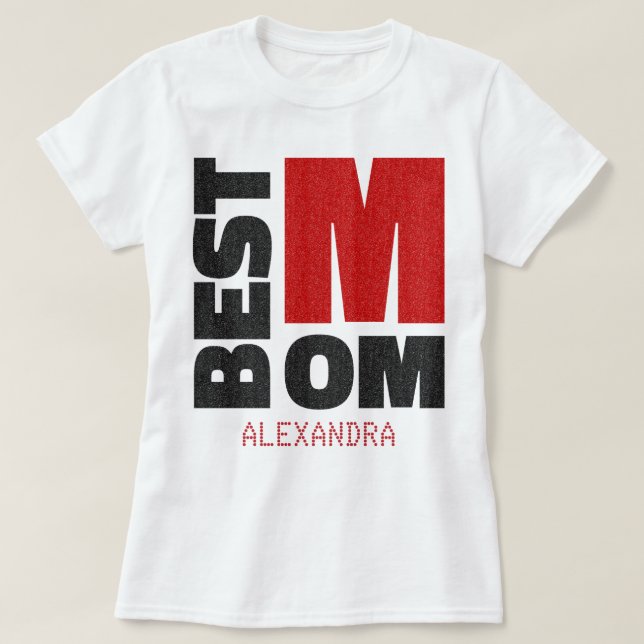 Bästa Mamma Red Black Glitter Namn, anpassad T Shirt (Design framsida)
