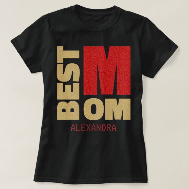 Bästa Mamma Red Glitter Namn Guld, anpassad T Shirt (Design framsida)