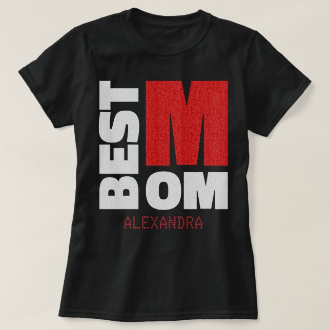 Bästa Mamma Red Glitter Namn Silver, anpassad T Shirt (Design framsida)